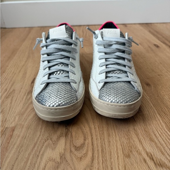 P448 John Lace-Up Low-Top Leather White Pink Silver Sneakers Size 42 / 11.5-12 - Picture 4 of 15